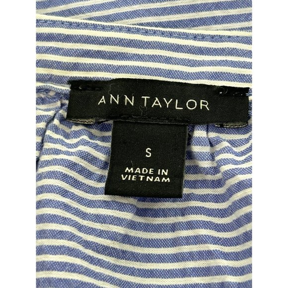 Ann Taylor Women’s Blouse Blue S Long Bell Sleeves Horizontal Mini Stripe Cotton - Picture 5 of 11